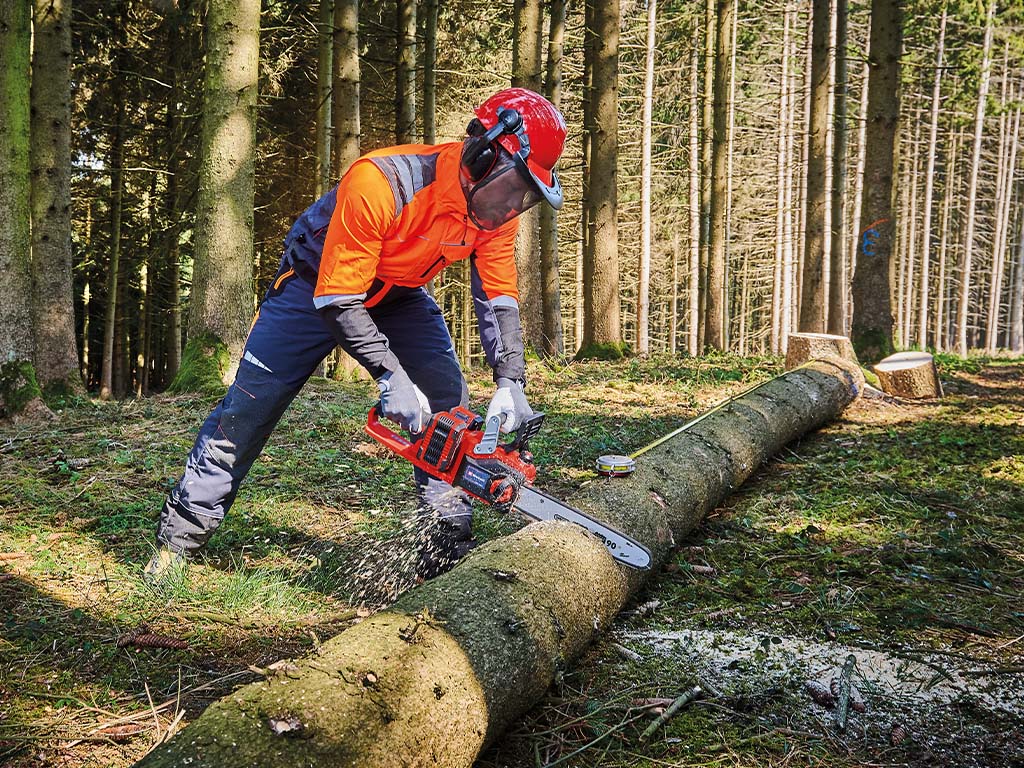 A man chopping off a piece of trunk with a chainsaw.
