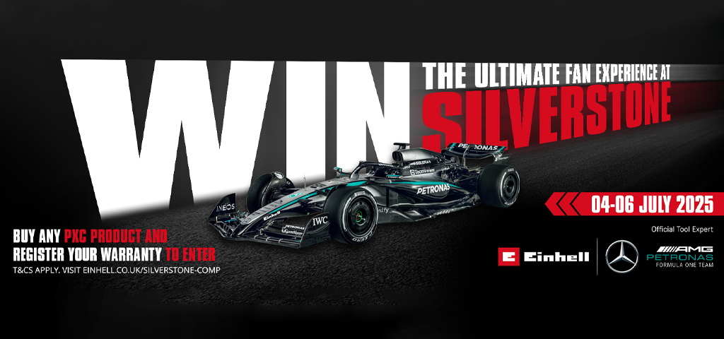 Formula 1 Mercedes car is shown in front of a lettering "Win the ultimate fan experience at Silverstone" and "04-06 July 2025" and in small letters "Buy any PXC product and register your warranty to enter. T&Cs apply.". In the right front corner there are shown the Einhell and the Mercedes AMQ Petronas logo.