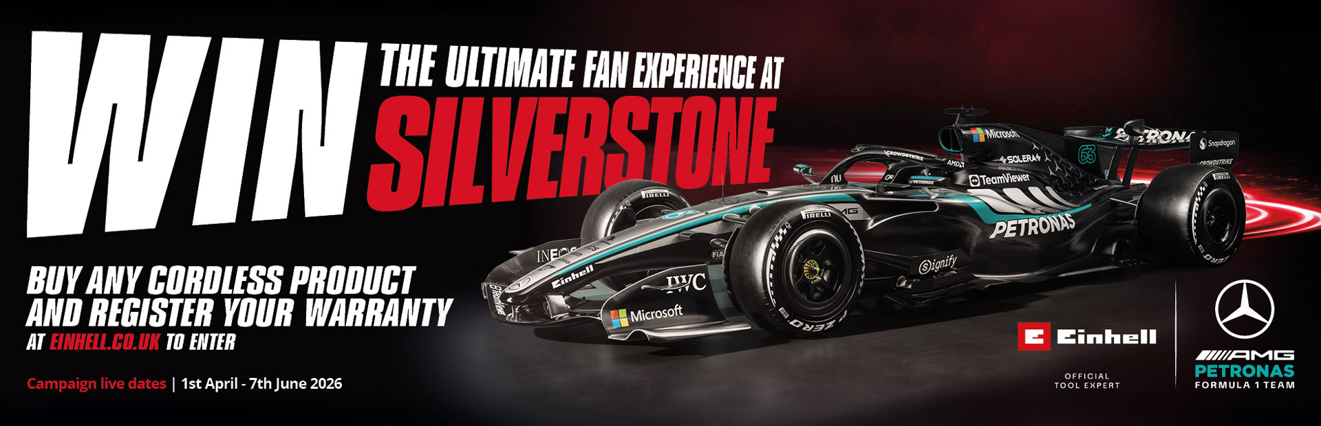 Formula 1 Mercedes car is shown in front of a lettering "Win the ultimate fan experience at Silverstone". In the right front corner there are shown the Einhell and the Mercedes AMQ Petronas logo.