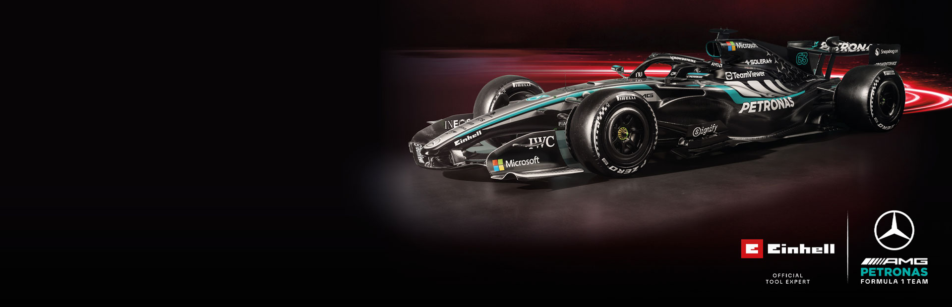 Mercedes-AMG Petronas Formula One race car featuring Einhell branding, symbolising the partnership between Einhell and the Mercedes-AMG Petronas F1 Team.