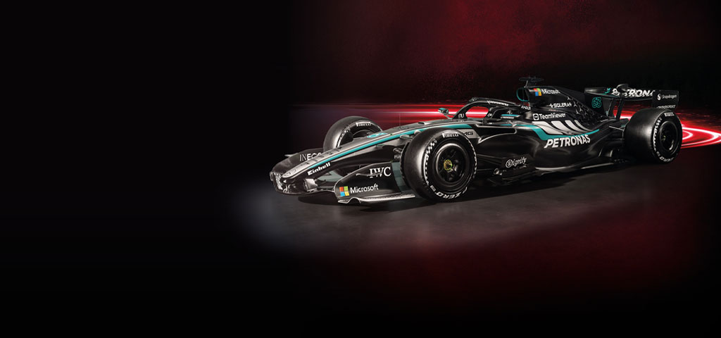 Mercedes-AMG Petronas Formula One race car featuring Einhell branding, symbolising the partnership between Einhell and the Mercedes-AMG Petronas F1 Team.