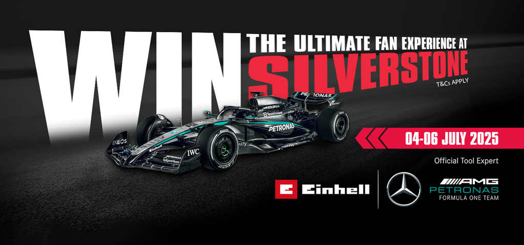 Formula 1 Mercedes car is shown in front of a lettering "Win the ultimate fan experience at Silverstone" and "04-06 July 2025" and in small letters "T&Cs apply". In the right front corner there are shown the Einhell and the Mercedes AMQ Petronas logo.
