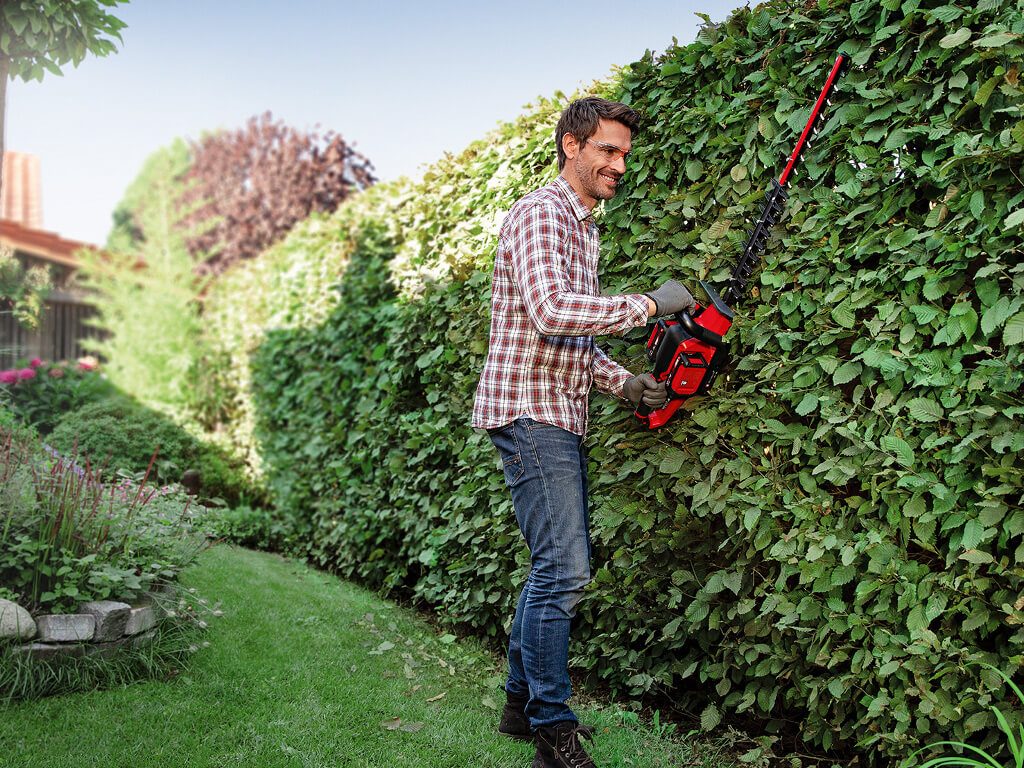 A man cuts the hedge with an Einhell cordless fence saw