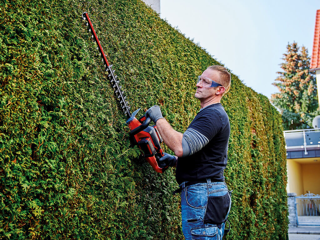 A man cuts the hedge with an Einhell cordless fence saw