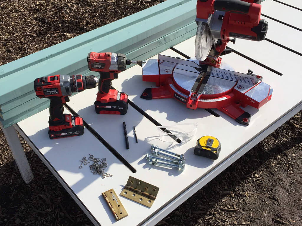 Einhell products & materials that are being used for building the bean frame.