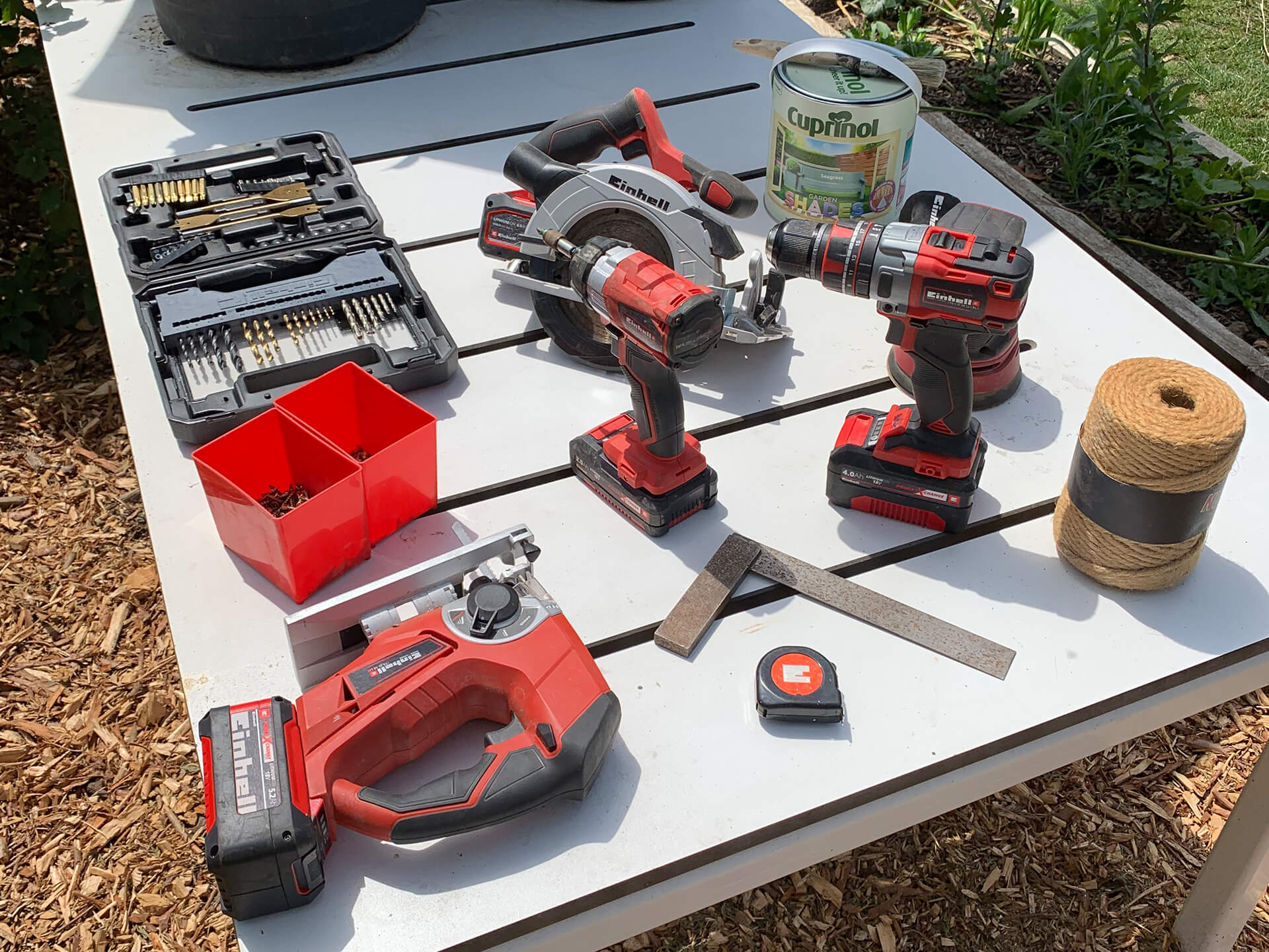 Einhell products & materials that are being used for building the trug on wheels. 