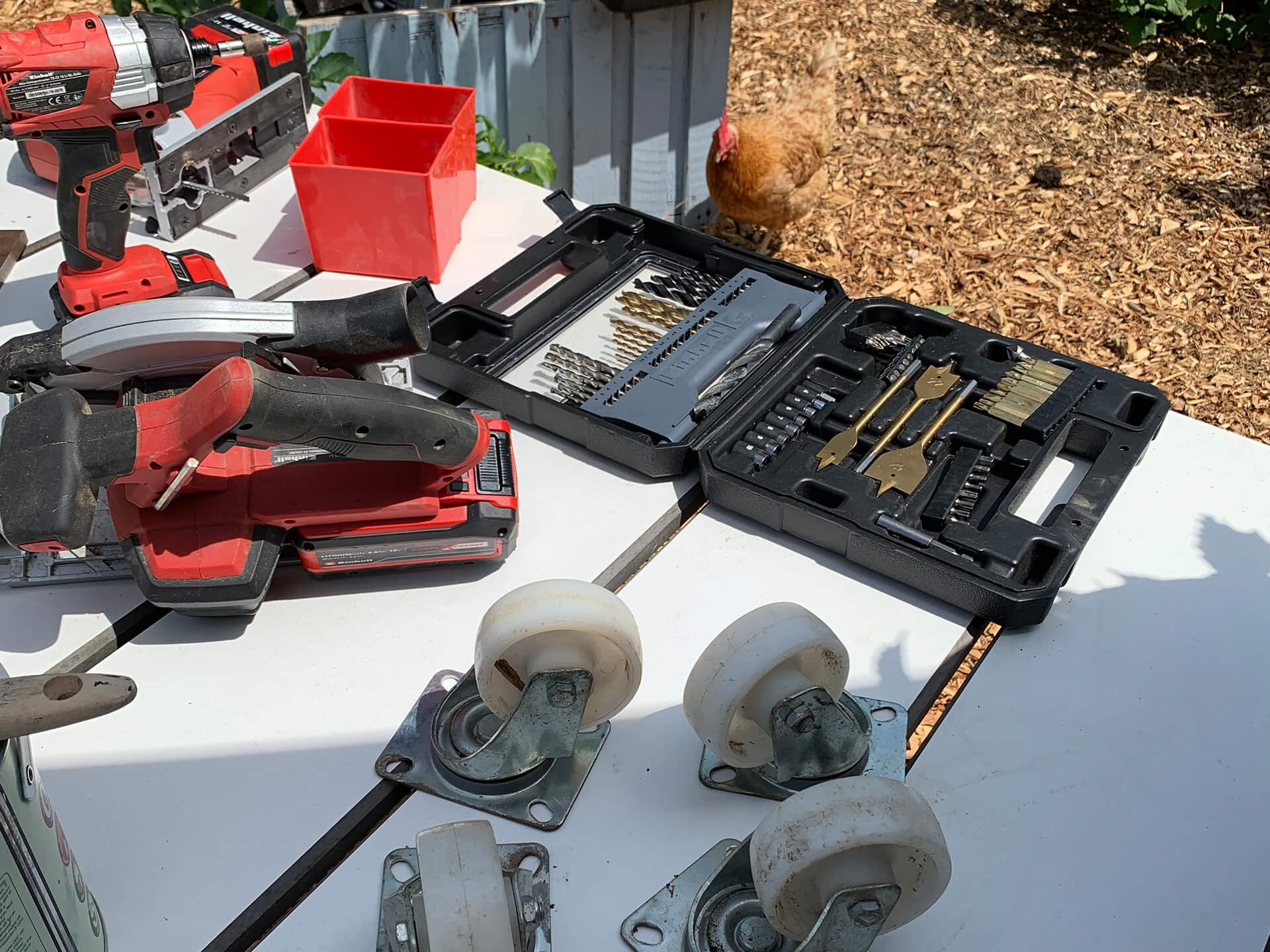 Einhell products & materials that are being used for building a trug on wheels. 