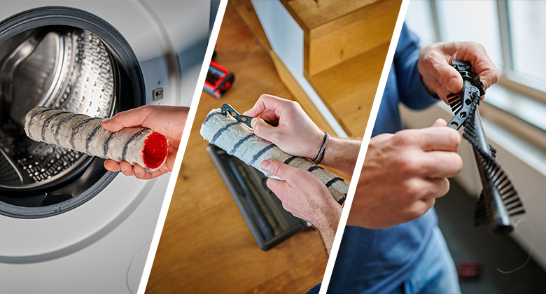 Three images show the cleaning of the brush roller in a washing machine, removing hair with a little cleaning tool, and manually cleaning a sweeping roller.