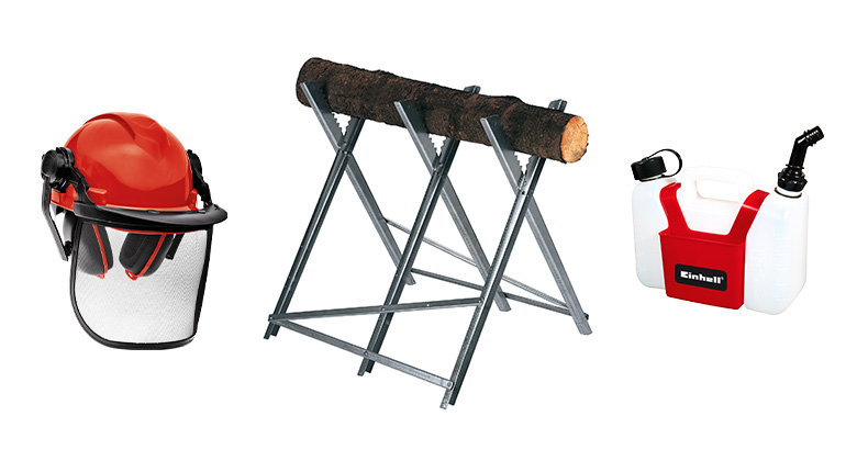 Protective forestry helmet, chainsaw frame and canister