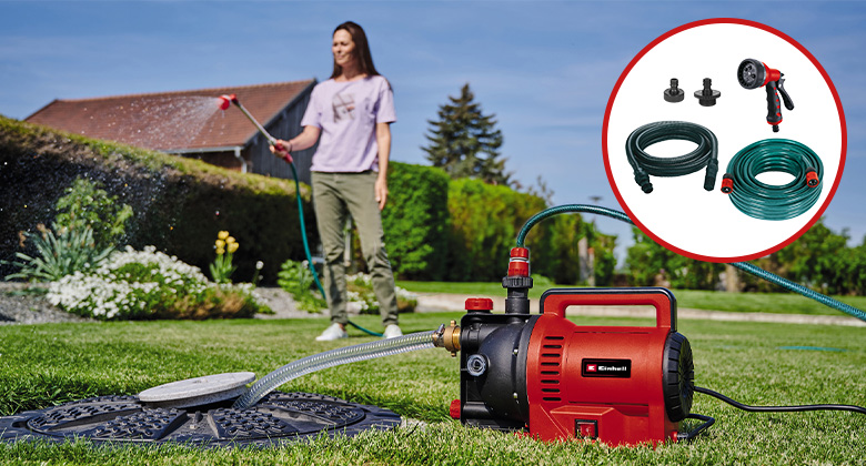 back: woman watering flowers in the garden; front: water pump pumps water