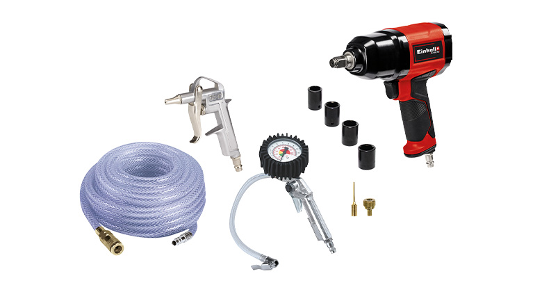 Einhell air tool set with impact wrench, blow gun, hose, and tire inflator gauge.