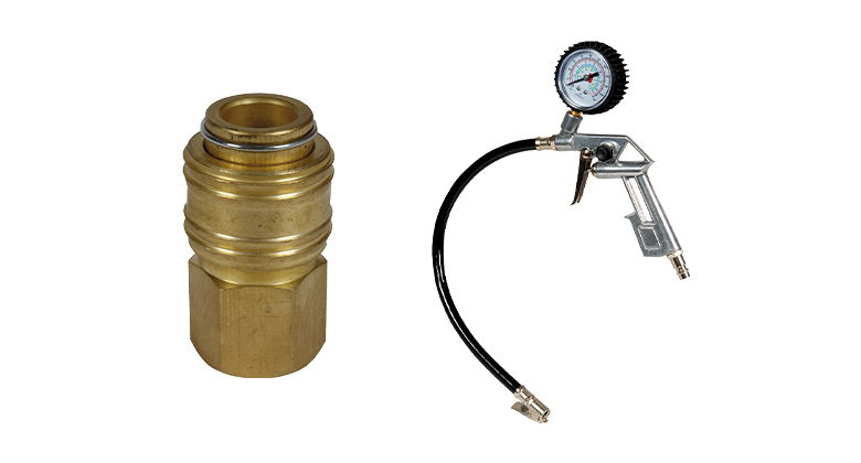 Close-up of an Einhell brass connector and a tire inflator gauge with hose.