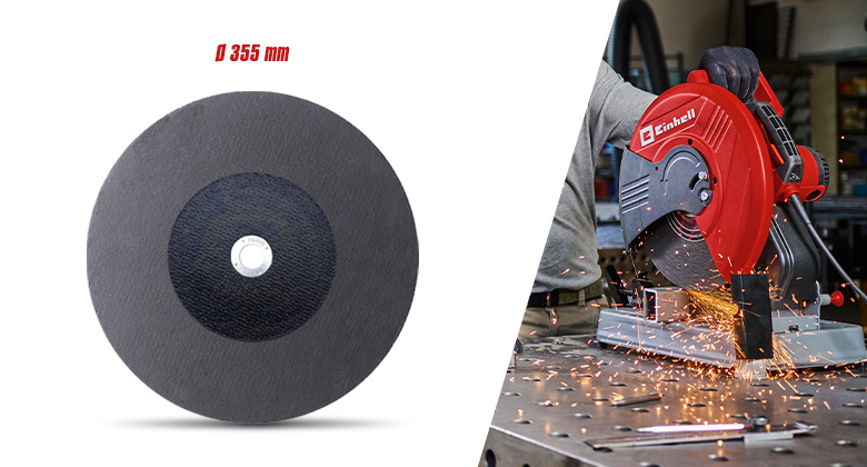 A large metal cutting disc and a metal cutting machine in action with sparks flying.