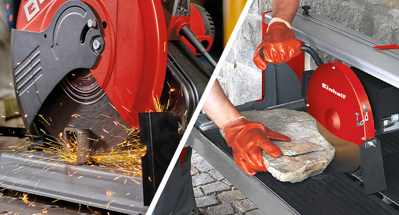 Two different cutting machines in action – one for metal with sparks, the other for stone with hand protection.