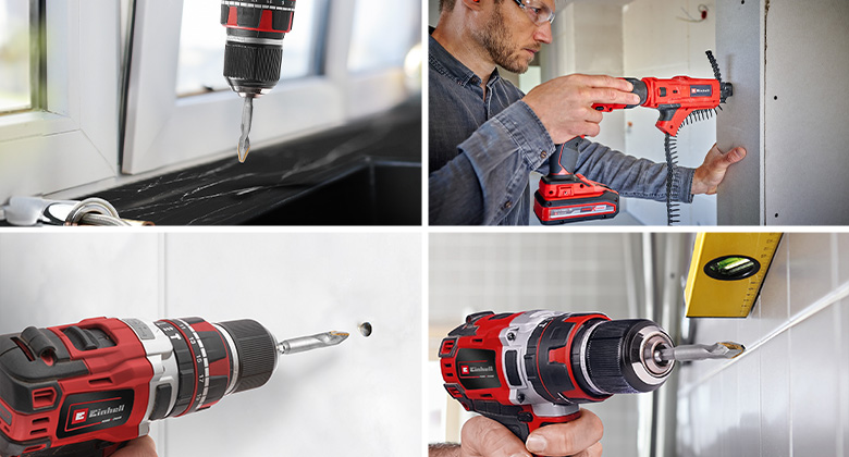 The image shows four different scenes in which Einhell drills and cordless screwdrivers are used to drill into various materials and drive screws.