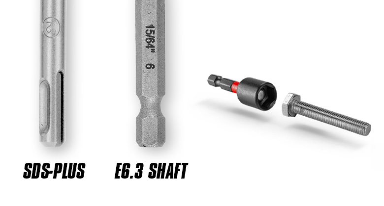 The image shows the SDS-Plus and E6.3 shanks, as well as a screw with a matching socket wrench attachment.