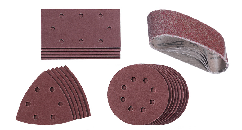 Various types of sandpaper, including rectangular, triangular, round shapes, and sanding belts.