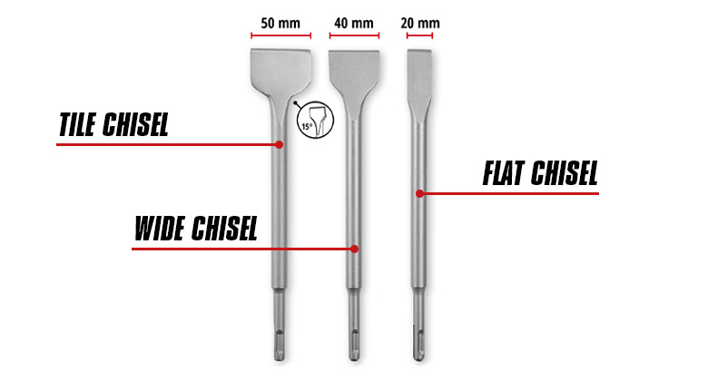 he image shows three different types of chisels (tile chisel, wide chisel, flat chisel) with varying widths of 50 mm, 40 mm, and 20 mm.