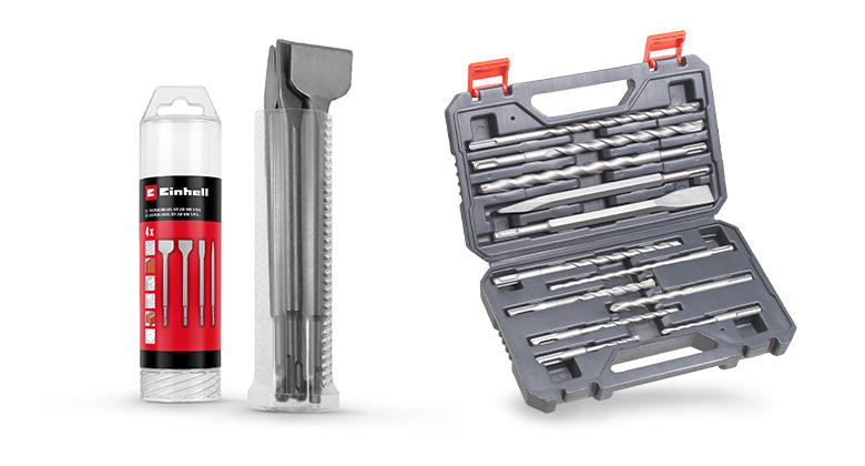 The image shows two drill and chisel sets, one in plastic packaging and the other in an open hard case containing multiple drills and chisels.