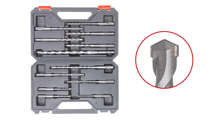 The image shows an open case containing various drill bits and a close-up of a drill bit tip.
