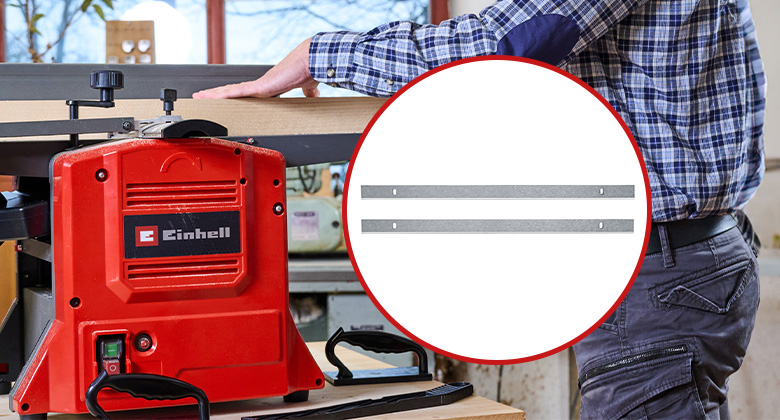 A stationary planer is shown alongside a set of replacement planer blades.