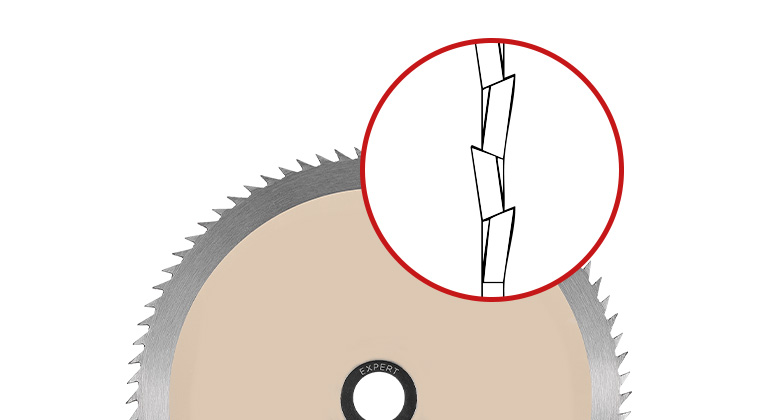 Close-up of an Einhell circular saw blade with a magnified view of the set teeth.