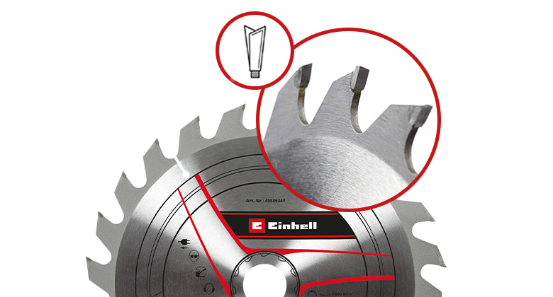 Close-up of an Einhell saw blade with a magnified view of the tooth shape.